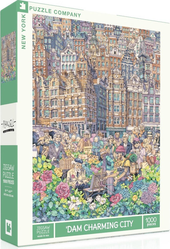 The 'Dam Charming City' jigsaw puzzle by New York Puzzle Company features a vibrant, intricately detailed scene of a lively city square filled with people, carts, and colorful flowers. The artwork showcases charming buildings in a bustling market setting, capturing the essence of urban life. This 1000-piece puzzle offers both a challenge and an artistic experience for puzzle enthusiasts.