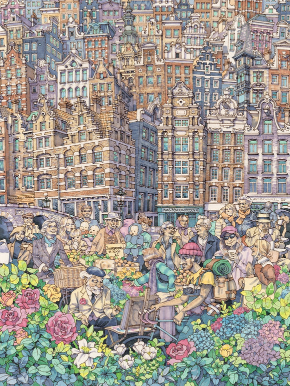 A vibrant and detailed jigsaw puzzle featuring a bustling city scene. Colorful buildings in a historical style rise above a lively market filled with people engaging in various activities amidst a sea of blooming flowers. The artwork captures the essence of urban life and community interaction, showcasing characters like vendors and shoppers in a cheerful setting.