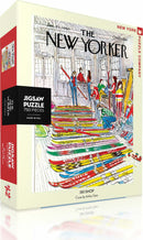 A colorful jigsaw puzzle titled 'Ski Shop' by New York Puzzle Company, featuring an illustration of a ski shop with various skis lined up, showcasing vibrant colors and activity. The puzzle includes 750 pieces and is ideal for puzzle enthusiasts of all ages.