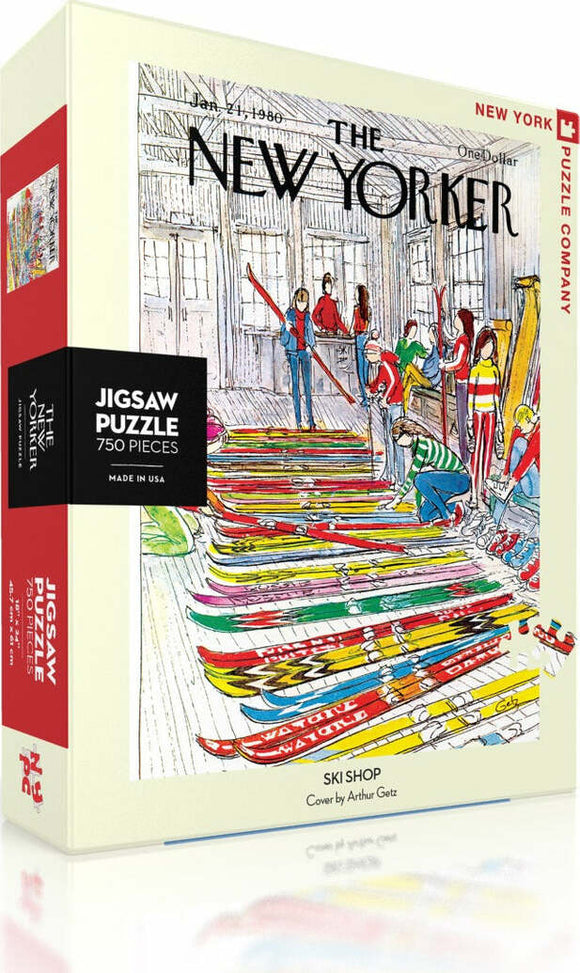 A colorful jigsaw puzzle titled 'Ski Shop' by New York Puzzle Company, featuring an illustration of a ski shop with various skis lined up, showcasing vibrant colors and activity. The puzzle includes 750 pieces and is ideal for puzzle enthusiasts of all ages.