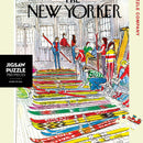 Ski Shop Jigsaw Puzzle by New York Puzzle Company featuring a colorful, illustrated scene of a ski shop filled with skiers and vibrantly colored skis. The puzzle includes 750 pieces and showcases an engaging winter theme, making it perfect for puzzle enthusiasts and ski lovers alike.