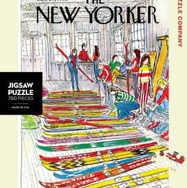 Ski Shop Jigsaw Puzzle by New York Puzzle Company featuring a colorful, illustrated scene of a ski shop filled with skiers and vibrantly colored skis. The puzzle includes 750 pieces and showcases an engaging winter theme, making it perfect for puzzle enthusiasts and ski lovers alike.