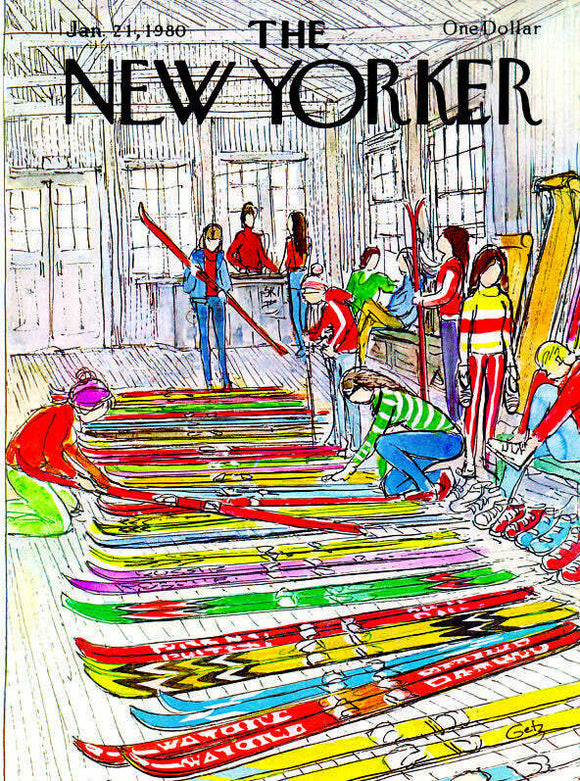 A colorful illustration depicting a ski shop scene. Several individuals are organizing a wide array of vibrant skis on the floor, with a cozy interior setting featuring windows and wooden panels. This jigsaw puzzle captures the hustle and bustle of a winter ski season.