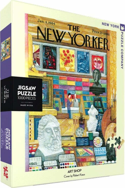 A beautifully illustrated box of the New York Puzzle Company's 'Art Shop' 1000-piece jigsaw puzzle. The design features a colorful collage of art-related items, including paintings, sculptures, and art supplies, capturing the essence of an art shop. The cover is highlighted by the iconic New Yorker magazine title, dated January 4, 1964, and showcases the artwork of Robert Kraus.