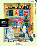 A colorful jigsaw puzzle titled 'Art Shop' featuring a vibrant illustration of an art supply store, showcasing various art items, paintings, and sculptures. The puzzle is created by the New York Puzzle Company and consists of 1000 pieces, highlighted by a classic cover design by Robert Kraus, dated January 4, 1964.