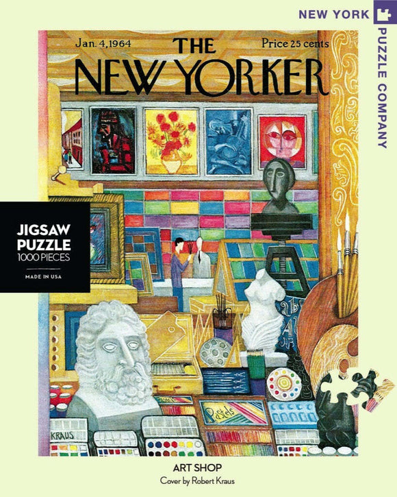 A colorful jigsaw puzzle titled 'Art Shop' featuring a vibrant illustration of an art supply store, showcasing various art items, paintings, and sculptures. The puzzle is created by the New York Puzzle Company and consists of 1000 pieces, highlighted by a classic cover design by Robert Kraus, dated January 4, 1964.