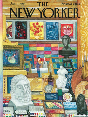 Art Shop by New York Puzzle Company is a vibrant jigsaw puzzle featuring a colorful depiction of an art store filled with paintings, sculptures, and art supplies. The scene showcases various artistic elements such as paint palettes, busts, and creative tools, making it a delightful challenge for puzzle enthusiasts.