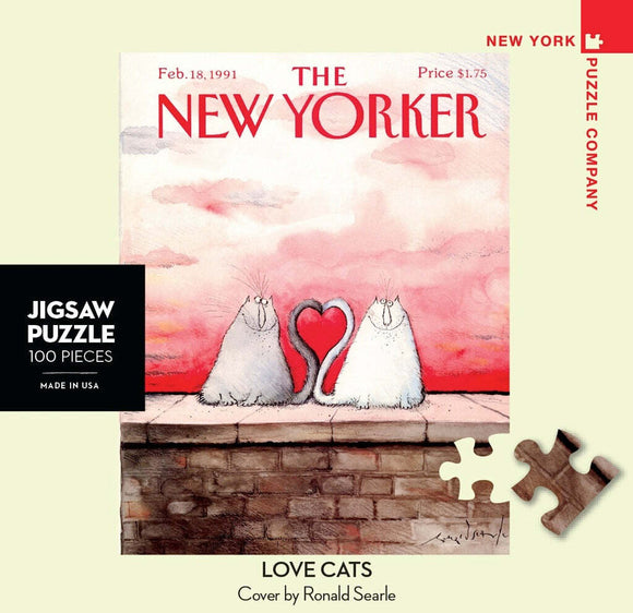 Love Kittens Mini Puzzle featuring a charming illustration of two cats forming a heart shape with their tails on a brick wall. Perfect for cat lovers, this 100-piece jigsaw puzzle from New York Puzzle Company highlights a New Yorker magazine cover by Ronald Searle, combining art and fun in one delightful package.