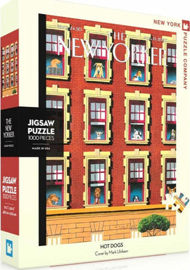 The Hot Dogs jigsaw puzzle by New York Puzzle Company. Featuring a colorful illustration by Mark Ulriksen, the puzzle depicts various dogs peering out of windows in a charming building. The box contains 1000 pieces, optimized for hours of enjoyable assembly.