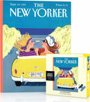 The Summer Friday Mini Puzzle by New York Puzzle Company features a vibrant jigsaw puzzle with 100 pieces, showcasing a whimsical illustration inspired by The New Yorker cover from September 18, 1989. It depicts two women driving in a bright yellow convertible on a sunny day, with playful colors and a nostalgic vibe. The puzzle box is prominently displayed alongside the magazine cover, enhancing its charm.