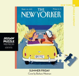 The Summer Friday Mini Puzzle by New York Puzzle Company features a vibrant illustration from The New Yorker magazine's September 18, 1989 cover. The artwork depicts two stylish women enjoying a ride in a yellow convertible, surrounded by lush greenery, embodying a carefree summer spirit. This jigsaw puzzle contains 100 pieces and showcases the creativity of artist Barbara Westman.