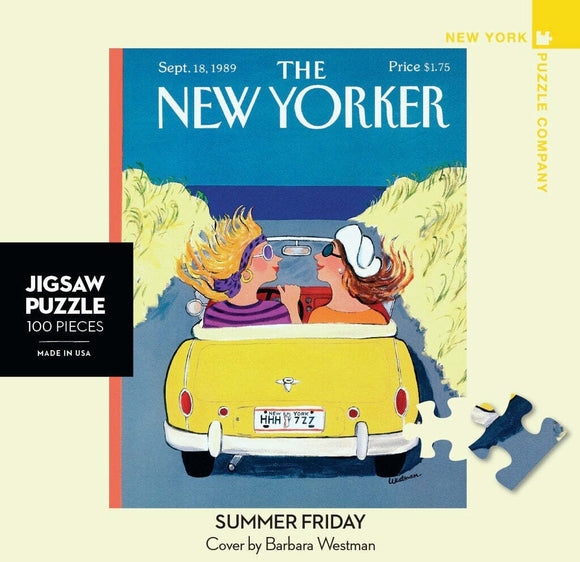 The Summer Friday Mini Puzzle by New York Puzzle Company features a vibrant illustration from The New Yorker magazine's September 18, 1989 cover. The artwork depicts two stylish women enjoying a ride in a yellow convertible, surrounded by lush greenery, embodying a carefree summer spirit. This jigsaw puzzle contains 100 pieces and showcases the creativity of artist Barbara Westman.