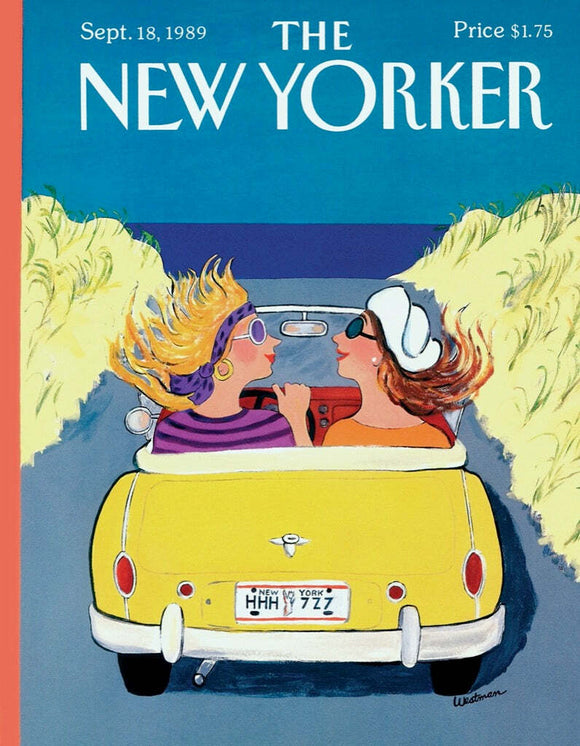 A colorful jigsaw puzzle titled 'Summer Friday Mini Puzzle' by New York Puzzle Company, featuring an illustration of two women driving a yellow convertible under a bright blue sky. The women are enjoying a carefree summer day, highlighting a vibrant and nostalgic vibe, perfect for puzzle enthusiasts and collectors.