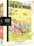 To Fetch or Not To Fetch jigsaw puzzle by New York Puzzle Company. The puzzle features an illustration from The New Yorker magazine, depicting a relaxing scene in a park with people and a dog. The box measures approximately 8 inches by 10 inches and contains 500 pieces.