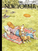 A whimsical jigsaw puzzle titled 'To Fetch or Not To Fetch' featuring an illustration of a woman lounging on a picnic blanket reading a book with her dog beside her, both enjoying a sunny day in a park surrounded by greenery and other people relaxing in the background.