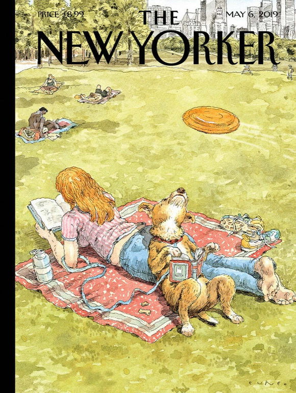 A whimsical jigsaw puzzle titled 'To Fetch or Not To Fetch' featuring an illustration of a woman lounging on a picnic blanket reading a book with her dog beside her, both enjoying a sunny day in a park surrounded by greenery and other people relaxing in the background.