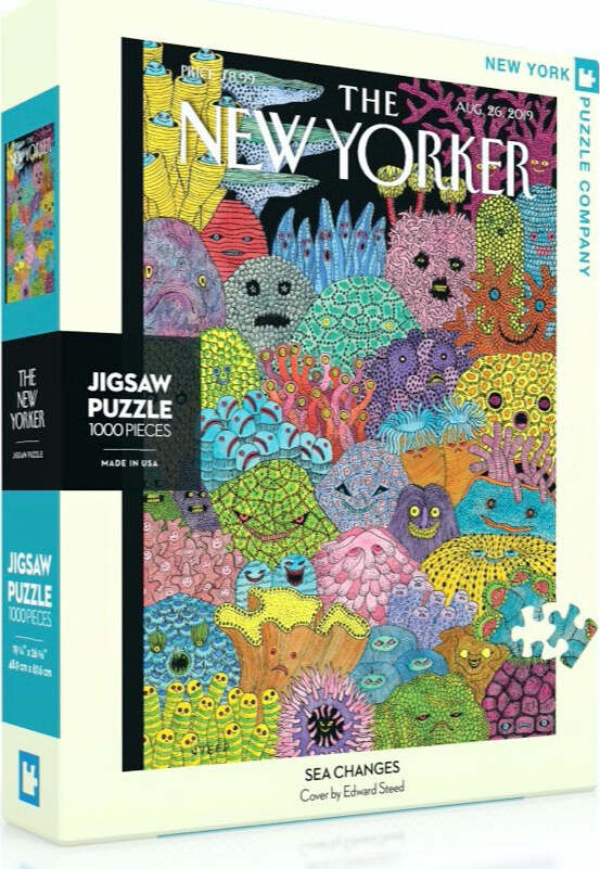 The 'Sea Changes' jigsaw puzzle by New York Puzzle Company features a vibrant and whimsical underwater scene with colorful sea creatures and corals, designed by Edward Steed. It contains 1000 interlocking pieces and is suitable for puzzle enthusiasts of all ages.