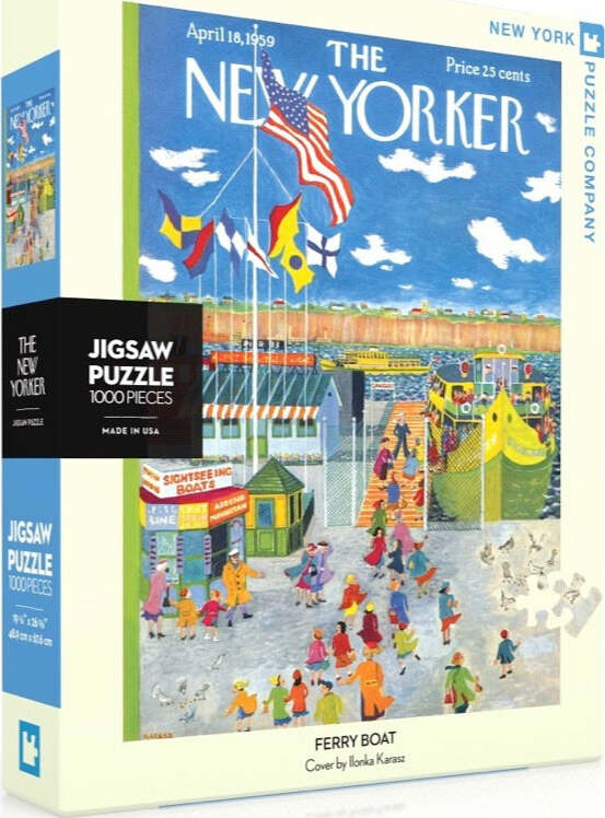 Ferry Boat jigsaw puzzle by New York Puzzle Company featuring a vibrant, colorful artwork illustrating a bustling ferry scene. The cover showcases numerous people and ferry boats, capturing the essence of a lively day at the seaside. The puzzle is made in the USA and includes 1000 pieces, offering a challenging and engaging activity.
