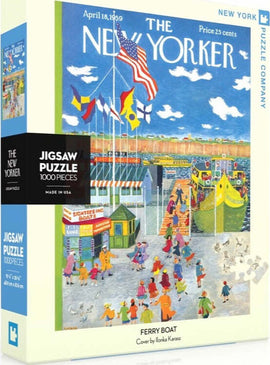 Ferry Boat jigsaw puzzle by New York Puzzle Company featuring a vibrant, colorful artwork illustrating a bustling ferry scene. The cover showcases numerous people and ferry boats, capturing the essence of a lively day at the seaside. The puzzle is made in the USA and includes 1000 pieces, offering a challenging and engaging activity.