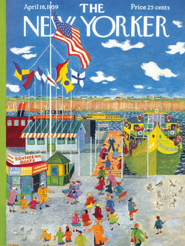 A colorful illustration depicting a busy scene at a ferry boat terminal, with various people dressed in vibrant clothing, an array of flags waving, and multiple boats including a yellow ferry in the background. The atmosphere is lively, capturing the essence of a vibrant waterfront experience.