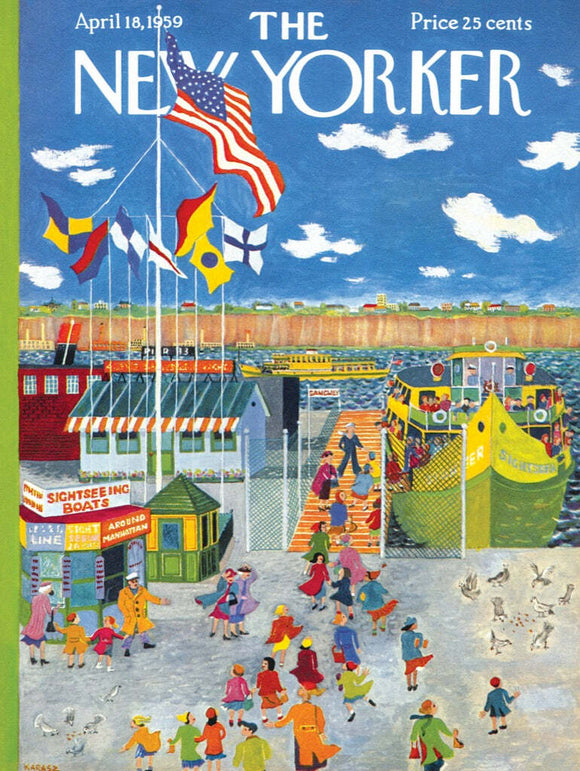 A colorful illustration depicting a busy scene at a ferry boat terminal, with various people dressed in vibrant clothing, an array of flags waving, and multiple boats including a yellow ferry in the background. The atmosphere is lively, capturing the essence of a vibrant waterfront experience.