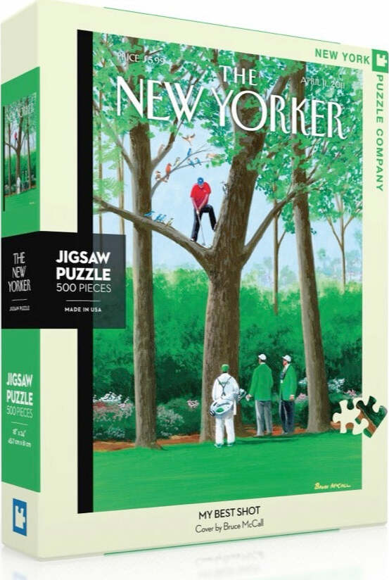 Packaging of the 'My Best Shot' jigsaw puzzle by New York Puzzle Company featuring a vibrant illustration from The New Yorker. The art portrays a serene outdoor scene with golfers amid lush greenery, designed for puzzle enthusiasts with 500 intricate pieces.