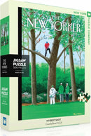 Packaging of the 'My Best Shot' jigsaw puzzle by New York Puzzle Company featuring a vibrant illustration from The New Yorker. The art portrays a serene outdoor scene with golfers amid lush greenery, designed for puzzle enthusiasts with 500 intricate pieces.