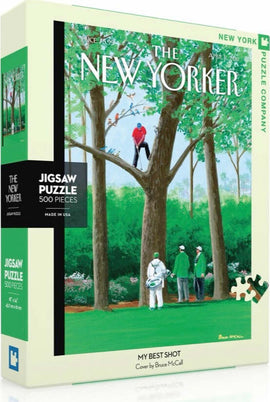 Packaging of the 'My Best Shot' jigsaw puzzle by New York Puzzle Company featuring a vibrant illustration from The New Yorker. The art portrays a serene outdoor scene with golfers amid lush greenery, designed for puzzle enthusiasts with 500 intricate pieces.