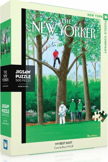 Packaging of the 'My Best Shot' jigsaw puzzle by New York Puzzle Company featuring a vibrant illustration from The New Yorker. The art portrays a serene outdoor scene with golfers amid lush greenery, designed for puzzle enthusiasts with 500 intricate pieces.