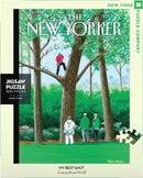500-piece jigsaw puzzle titled 'My Best Shot,' featuring a vibrant illustration of three men in golf attire observing a golfer in a tree. The artwork, by Bruce McCall, is inspired by the cover of The New Yorker magazine from April 11, 2011. Suitable for puzzle enthusiasts and fans of contemporary art.