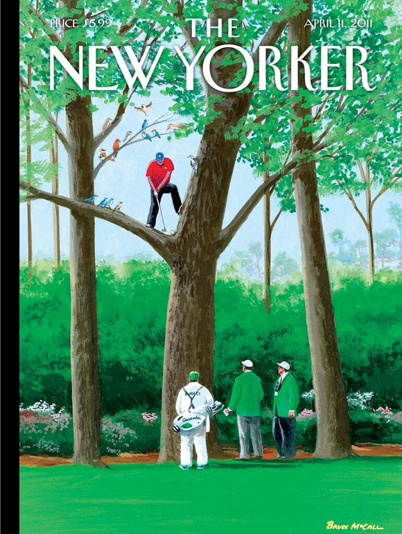 A colorful jigsaw puzzle titled 'My Best Shot' by New York Puzzle Company, featuring a whimsical illustration of a golfer in a red shirt balancing on a branch among birds, with an audience of golf spectators in green jackets observing from below. The scene captures a lighthearted and humorous take on golf culture.