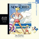 Bay Watchers Mini Puzzle by New York Puzzle Company featuring a vintage New Yorker cover illustration by Peter Arno. The image showcases two sunbathers at the beach, with bright colors and playful designs that evoke a sense of nostalgia. The puzzle includes 100 pieces and is made in the USA.