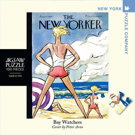 Bay Watchers Mini Puzzle by New York Puzzle Company featuring a vintage New Yorker cover illustration by Peter Arno. The image showcases two sunbathers at the beach, with bright colors and playful designs that evoke a sense of nostalgia. The puzzle includes 100 pieces and is made in the USA.