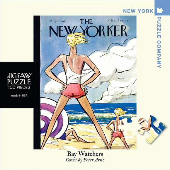 Bay Watchers Mini Puzzle by New York Puzzle Company featuring a vintage New Yorker cover illustration by Peter Arno. The image showcases two sunbathers at the beach, with bright colors and playful designs that evoke a sense of nostalgia. The puzzle includes 100 pieces and is made in the USA.
