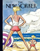 The Bay Watchers Mini Puzzle by New York Puzzle Company features a colorful jigsaw design inspired by a vintage New Yorker magazine cover, depicting beachgoers in bright outfits against a scenic ocean backdrop.