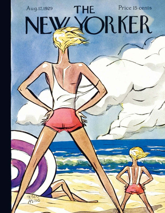 The Bay Watchers Mini Puzzle by New York Puzzle Company features a colorful jigsaw design inspired by a vintage New Yorker magazine cover, depicting beachgoers in bright outfits against a scenic ocean backdrop.