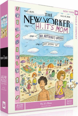 The 'Hi, It's Mom' jigsaw puzzle by New York Puzzle Company features a whimsical illustration from The New Yorker depicting a beach scene with families enjoying their day, umbrellas scattered, and playful characters. The puzzle consists of 500 pieces and showcases vibrant colors and humorous details that capture the essence of summer fun.