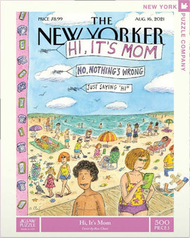 Cover of the jigsaw puzzle 'Hi, It's Mom' featuring a vivid beach scene illustrated by Roz Chast. The artwork depicts various beachgoers engaging in different activities under a clear blue sky, complete with colorful umbrellas and playful details. The text 'Hi, It's Mom' and 'No, nothing's wrong, just saying Hi' is prominently displayed, indicating a lighthearted theme.
