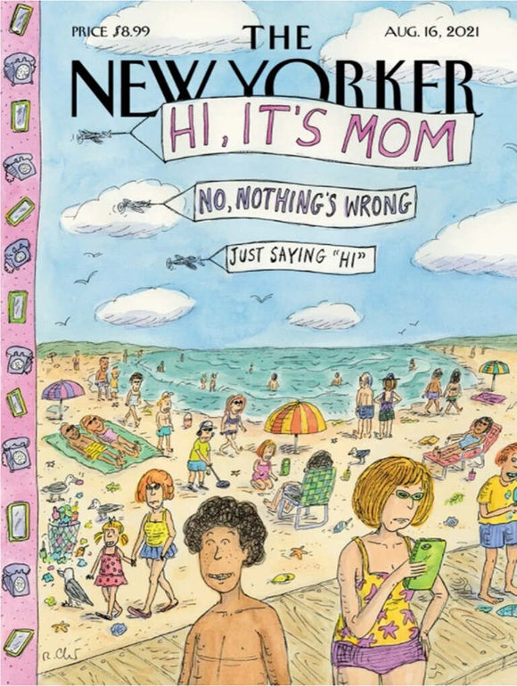 A colorful jigsaw puzzle depicting a beach scene with various characters enjoying a sunny day. People sunbathing, swimming, and socializing are illustrated, along with umbrellas and beach toys. The artwork is playful, featuring humorous elements typical of a New Yorker cover.