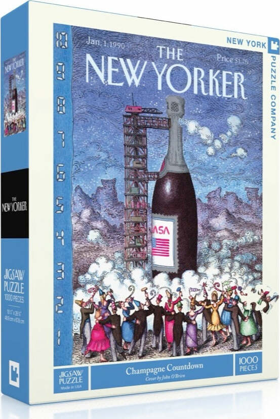 A jigsaw puzzle titled 'Champagne Countdown' by New York Puzzle Company. The vibrant illustration, created by John O'Brien, features a large champagne bottle with a NASA logo, surrounded by a lively crowd celebrating an event. The colorful scene captures a festive atmosphere, with characters dressed in various costumes, celebrating amidst a whimsical background of mountains and clouds. The puzzle contains 1000 pieces and highlights a nostalgic theme.