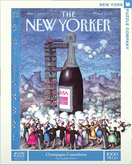 A vibrant jigsaw puzzle titled 'Champagne Countdown' by New York Puzzle Company, featuring a whimsical illustration from The New Yorker. The artwork depicts a large champagne bottle and a countdown clock, surrounded by a cheerful crowd in festive attire celebrating an event, with colorful smoke and a construction platform in the background. The puzzle consists of 1000 pieces, perfect for avid puzzlers and collectors.
