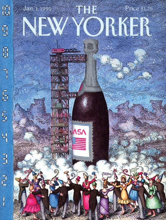 Champagne Countdown jigsaw puzzle featuring a whimsical illustration of a large champagne bottle with NASA branding in front of a celebratory crowd. The scene captures the excitement of a countdown to a new year with colorful party hats, confetti, and a festive atmosphere.