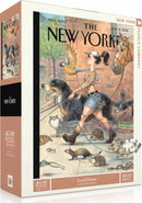 The Local Fauna jigsaw puzzle by New York Puzzle Company features a vibrant illustration showing a woman walking various pets including dogs, cats, and more, surrounded by colorful birds and wildlife. The puzzle contains 1500 pieces and showcases whimsical art that captures the charm of local fauna.