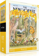 The Blossom Time jigsaw puzzle by New York Puzzle Company features a vibrant illustration of spring, including daffodils, butterflies, and whimsical insects, set against a city skyline. The box contains 1500 pieces and showcases a colorful cover designed by Edward Sorel, inspiring a joyful and artistic puzzle experience.