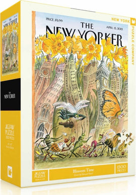 The Blossom Time jigsaw puzzle by New York Puzzle Company features a vibrant illustration of spring, including daffodils, butterflies, and whimsical insects, set against a city skyline. The box contains 1500 pieces and showcases a colorful cover designed by Edward Sorel, inspiring a joyful and artistic puzzle experience.