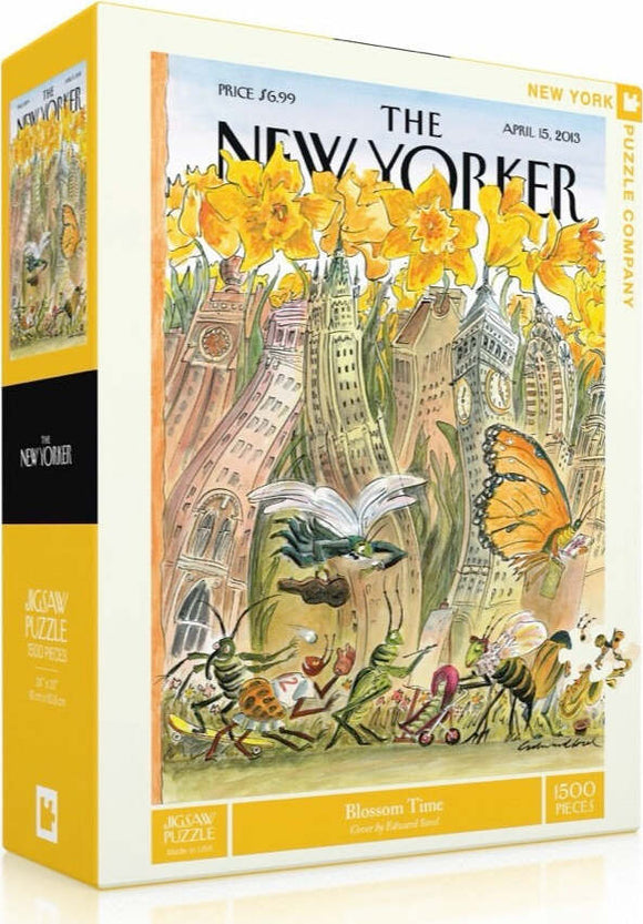 The Blossom Time jigsaw puzzle by New York Puzzle Company features a vibrant illustration of spring, including daffodils, butterflies, and whimsical insects, set against a city skyline. The box contains 1500 pieces and showcases a colorful cover designed by Edward Sorel, inspiring a joyful and artistic puzzle experience.