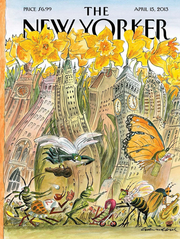 A vibrant jigsaw puzzle featuring an artistic illustration from The New Yorker. The scene is filled with blooming daffodils in the foreground, surrounded by whimsical insects engaged in various activities. Among the architecture of New York City are depicted playful grasshoppers, ants, and butterflies, creating a lively and colorful panorama that captures the essence of spring.