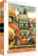 A colorful jigsaw puzzle box featuring a vintage illustration of children and adults raking leaves and enjoying autumn outdoors. The scene depicts vibrant fall foliage and a charming house, with playful details that evoke nostalgia and warmth. This 1000-piece puzzle, titled 'Raking Leaves' by Edna Eicke, is made by New York Puzzle Company. The dimensions are 18 x 24 inches.