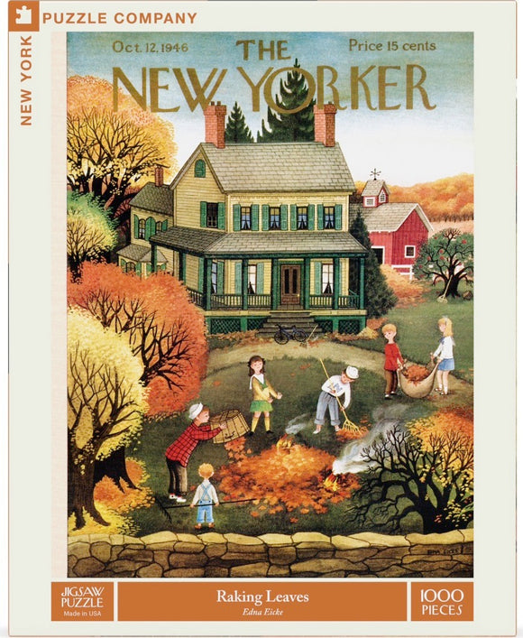 A nostalgic jigsaw puzzle titled 'Raking Leaves' by New York Puzzle Company, featuring a charming autumn scene with children raking leaves near a farmhouse. The puzzle showcases vibrant colors of fall, with trees turning shades of orange and yellow, and a community spirit capturing the essence of a simpler time.