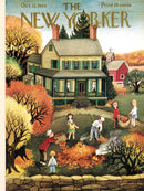 A vibrant jigsaw puzzle illustration depicting children and adults raking leaves in a colorful autumn setting. A charming green house stands in the background, surrounded by trees with vivid fall foliage. The scene captures a sense of community and nostalgia, reminiscent of simpler times, featuring kids engaged in activities like gathering leaves and burning a small pile. The whimsical art style adds to the cozy, homey feel of the autumn day.